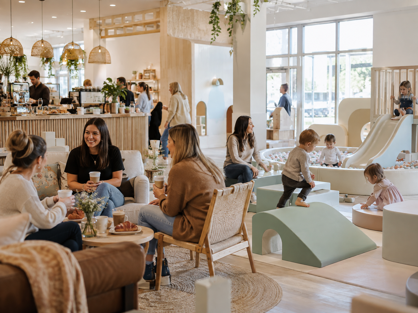 Families relaxing at cafe tables while children play in a bright play cafe.